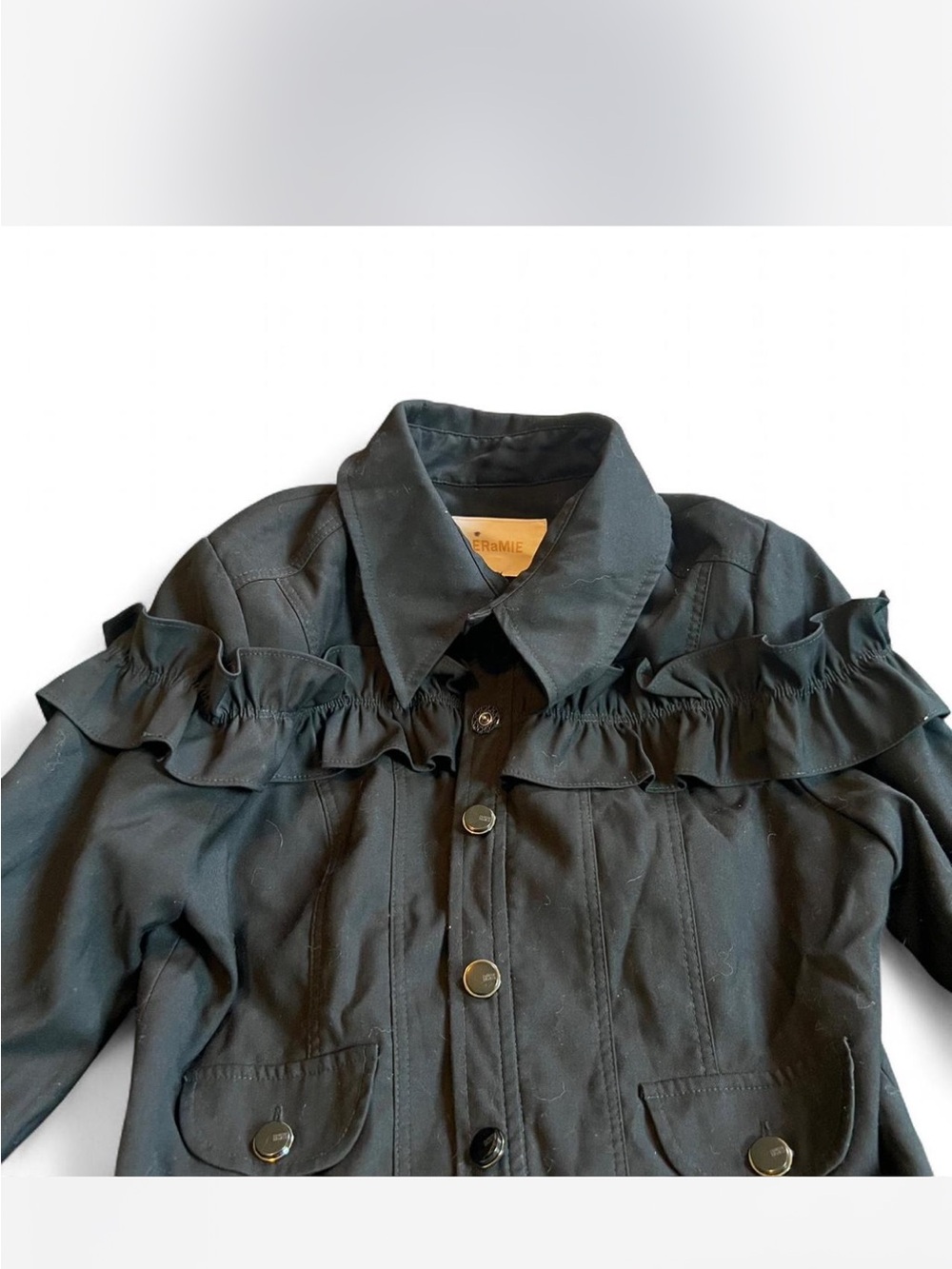 Black Ruffle Button-Front Peacoat - Picture 7 of 8